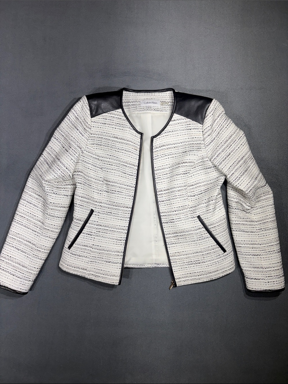 Calvin Klein White Tweed Jacket with Black Faux-Leather Trim